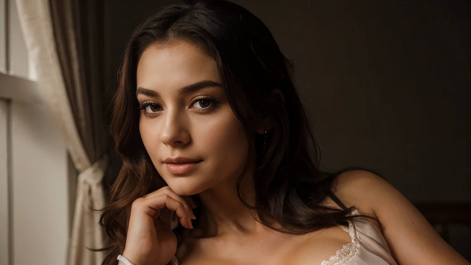 woman portrait in silky night gown, busty , waist to head shot, looking camera