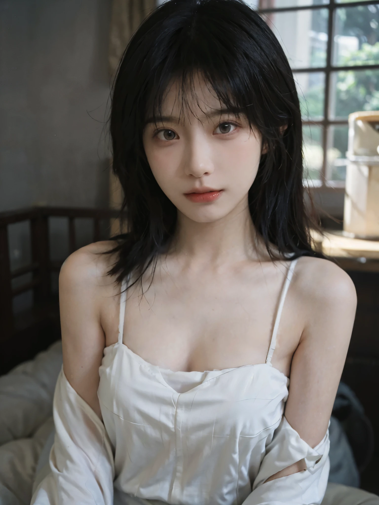 Film portrait photography, 1 girl, bare shoulders, Shoulder length wavy hair, white wedding dress, (Realistic and detailed eyes, natural skin texture, Realistic facial details), Soft dramatic lighting, depth of field, Bokeh, Vibrant details, Detailed and detailed, surreal, 35mm film, hazy, ,