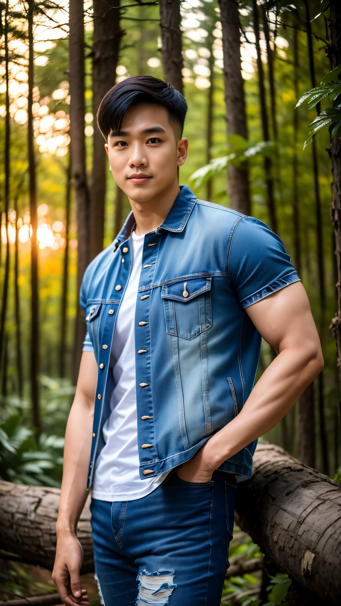 Masterpiece, best quality, High quality, วอลล์เปเปอร์ CG unity 8k ที่มีvery detailed, depth of field, HDR,,ภาพrealistic,very detailed, 1 man smiling, Asia, black short hair, (Wear a white t-shirt, Short sleeve blue denim jacket), chest muscles, Big arm muscles, blood vessel, big muscles, Broad shoulders, looking at the audience, Balancing the eyes, professional photography, advertising shoot, face looking at camera, Portrait from the side, realistic, with the sunset atmosphere, Walking into the dark forest with a camera