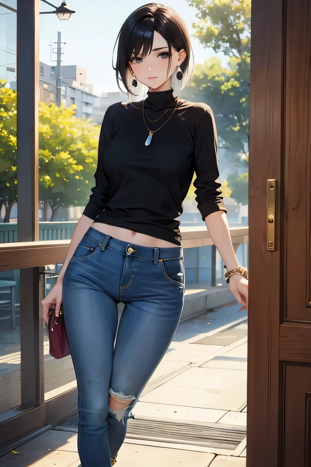 beautiful mature woman、skinny jeans、innocent look、earrings
