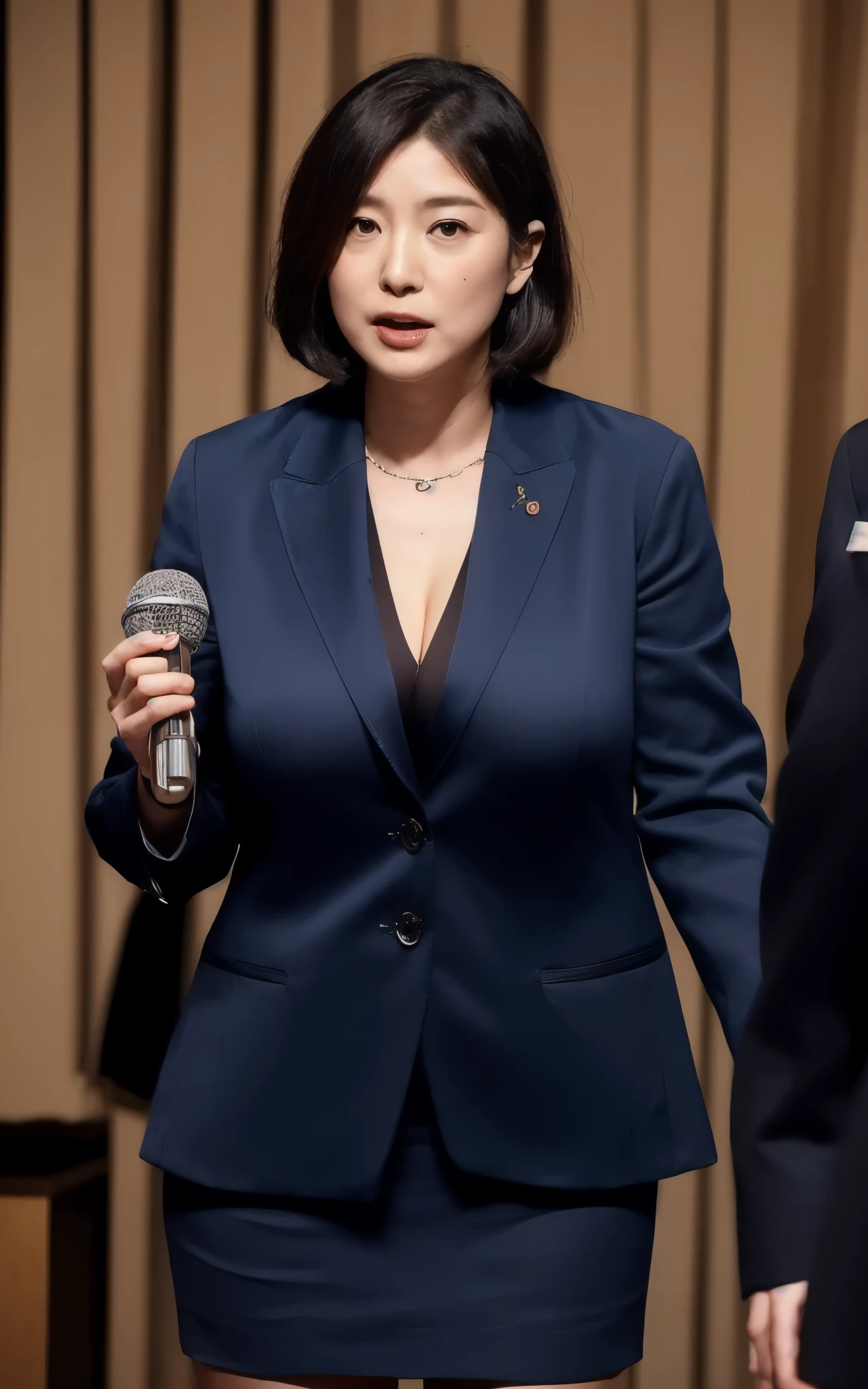 masterpiece, ultra Beautiful and erotic Japanese prime minister, ((Full body shot, zoom out angle from subject, view whole assembly hall)), (((outfit: dark blue formal jacket and dark blue mini skirt, No bra))), ((Best Quality, 32 k, High resolution)), Photorealistic, Portrait, Detailed eyes, Super Detail Face, super realistic skin, ((Exposed super huge breasts)), (((speech with using microphone put on the answering table in front of audiences, in assembly hall, Japanese National parliament building))), Spilled super big cleavage, Slim body, Model style, realistic answering table, realistic assembly hall picture,