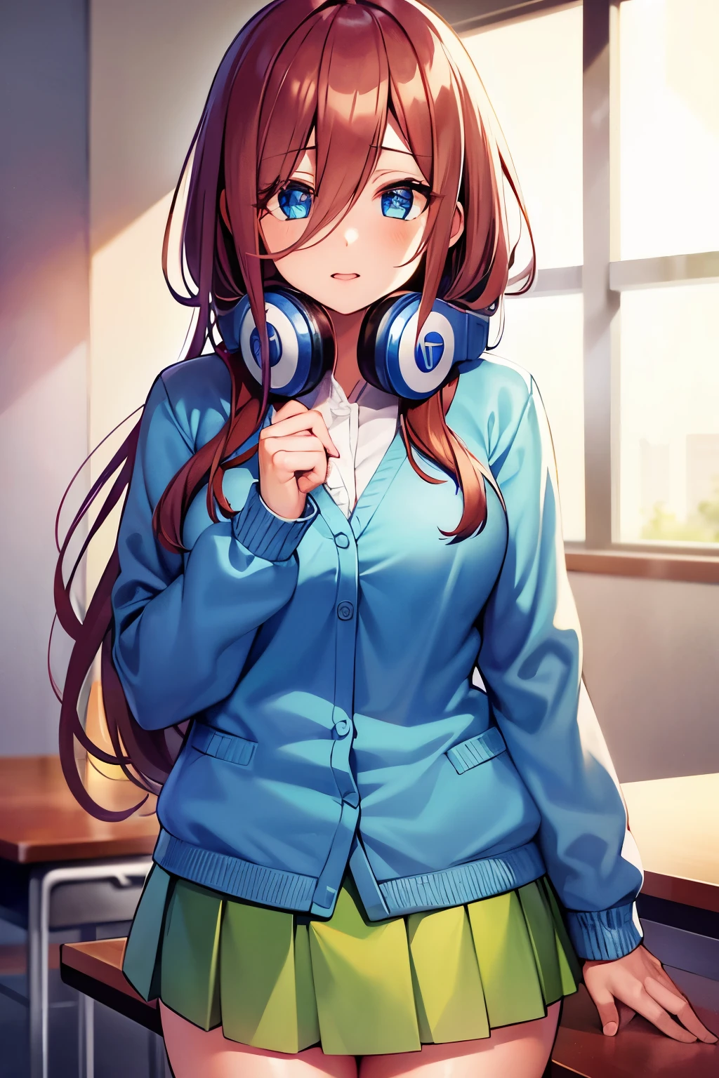mikunakano, miku nakano, long hair, bangs, blue eyes, brown hair, shirt, hair between eyes, headphones, cardigan, headphones around neck,
BREAK skirt, shirt, long sleeves, white shirt, pantyhose, pleated skirt, black pantyhose, cardigan, green skirt, blue cardigan,
BREAK indoors, classroom,
BREAK looking at viewer, BREAK (masterpiece:1.2), best quality, high resolution, unity 8k wallpaper, (illustration:0.8), (beautiful detailed eyes:1.6), extremely detailed face, perfect lighting, extremely detailed CG, (perfect hands, perfect anatomy),