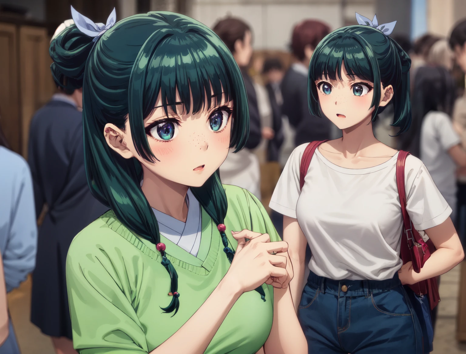 Are thin、green hairstyle,、A girl is in the picture、blushing、big breasts、I'm wearing a T-shirt