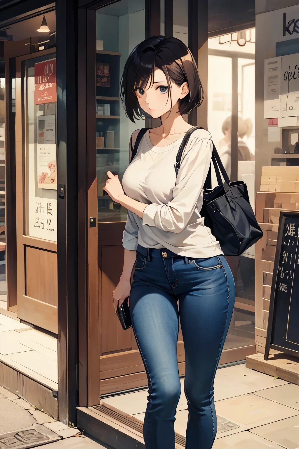 beautiful mature woman、skinny jeans、innocent look