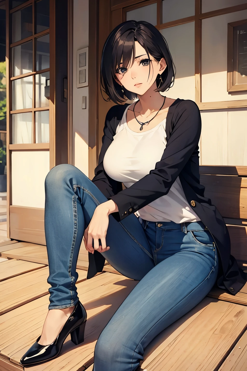 beautiful mature woman、skinny jeans、innocent look