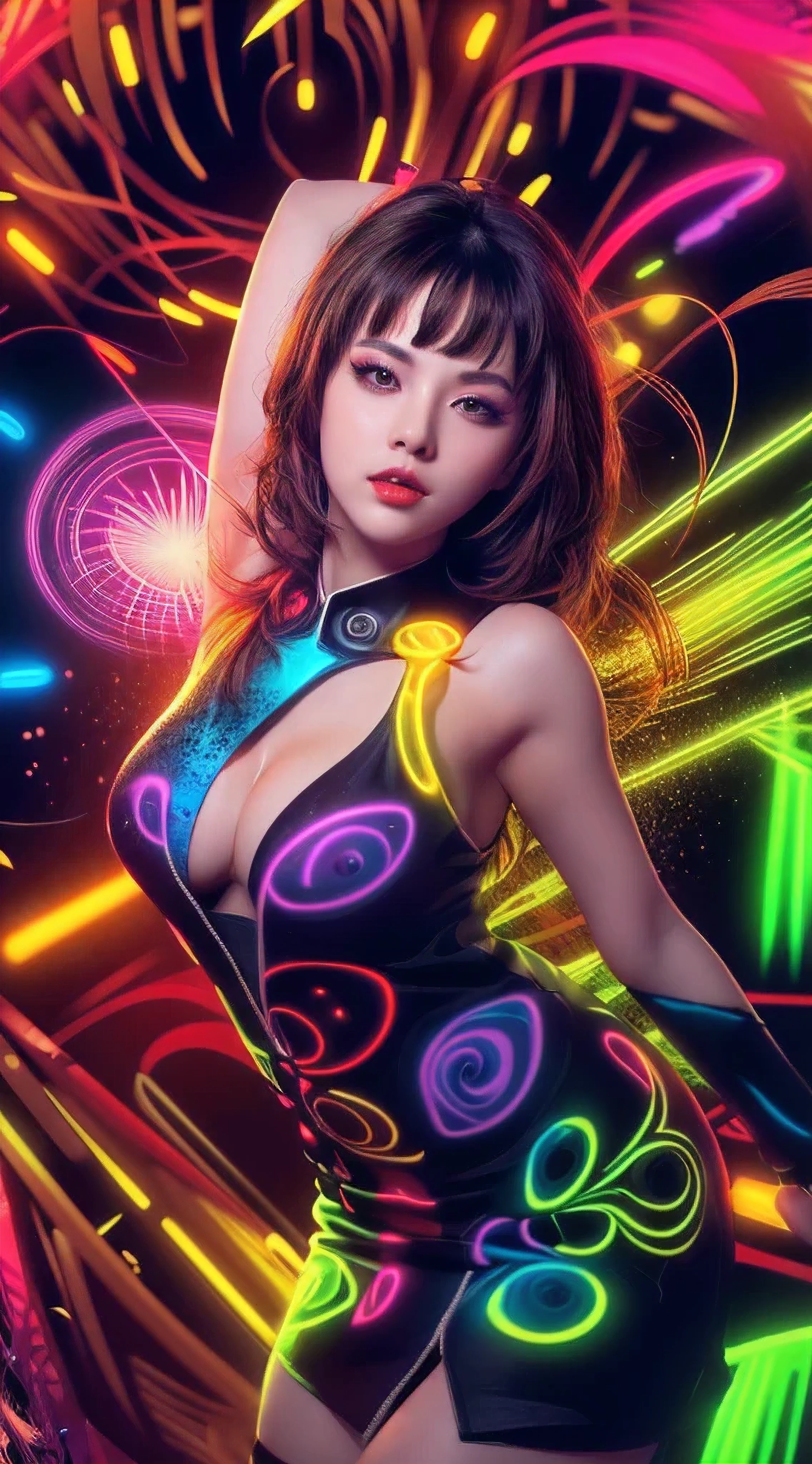 (masutepiece, of the highest quality, Best Quality, Official art, Beautiful and aesthetic:1.2), (1girl in:1.3), Extremely detailed,(Fractal Art:1.2),Colorful,highest details,( Zentangle Neon:1.2), (Dynamic Pose), (Abstract background neon:1.5), (Congressional Dresses:1.2), (Shiny skin), (Many colors:1.4), half body , medium breast, neons,16 K,Full-HD