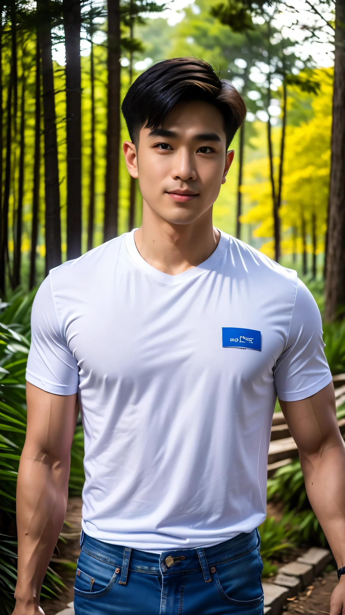 Masterpiece, best quality, High quality, วอลล์เปเปอร์ CG unity 8k ที่มีvery detailed, depth of field, HDR,,ภาพrealistic,very detailed, 1 man smiling, Asia, black short hair, (Wear a white t-shirt, Short sleeve blue denim jacket), chest muscles, Big arm muscles, blood vessel, big muscles, Broad shoulders, looking at the audience, Balancing the eyes, professional photography, advertising shoot, face looking at camera, Portrait from the side, realistic, with the sunset atmosphere, Walking into the dark forest with a camera