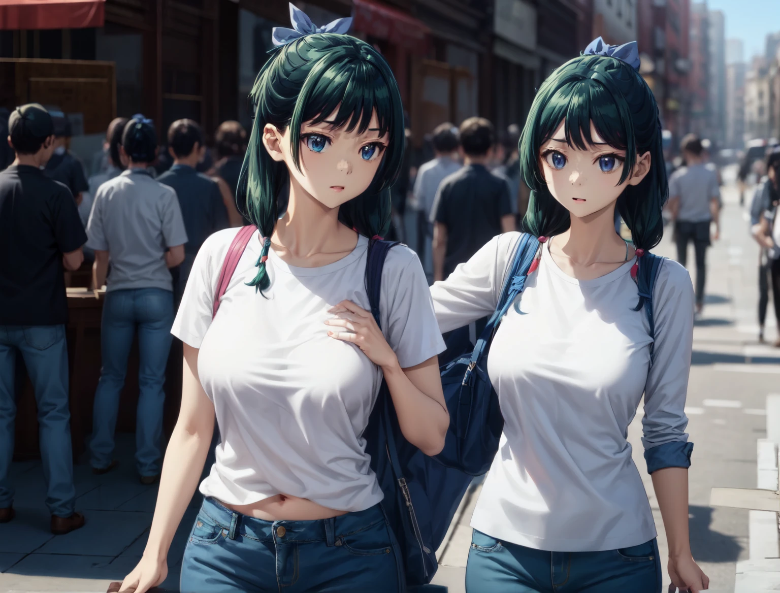 Are thin、green hairstyle,、A girl is in the picture、white shirt、skinny jeans、E cup breasts