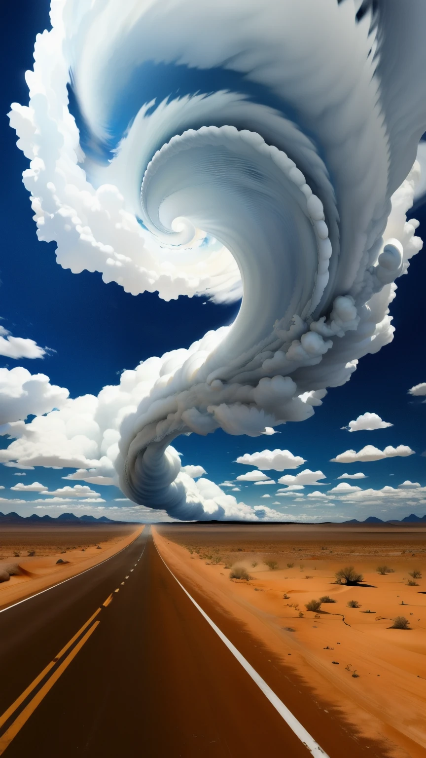 arafed cloud over a desert road with a yellow line, cloud vortex, thick swirling tornado, clouds swirling, spiral clouds, dramatic swirling clouds, swirling clouds, an image of a tornado, surreal clouds, a massive tornado approaching, beautiful tornado, stylised storm, tornado twister, as a tornado approaches, swirley clouds, giant clouds