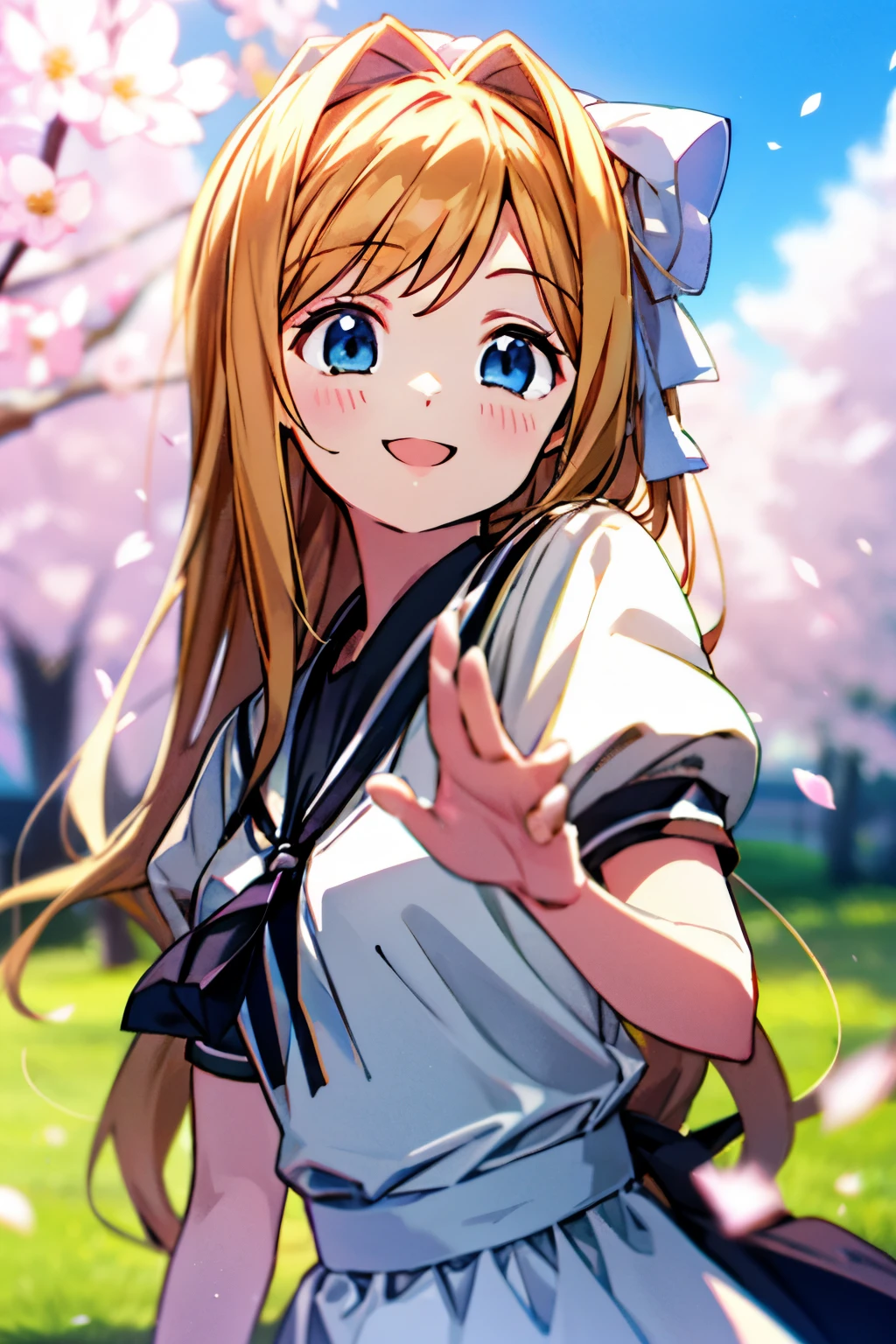 Cute girl kamio misuzu is lifting one hand and waving it widely, smiling at us (1.35)
(anatomically correct), nice hands, perfect hands, Perfect fingers, (4fingers, 1 thumb:0.7),
BREAK
The background is a park with cherry blossoms in full bloom in spring (1.25),
depth of field, highly detailede background (1.2),