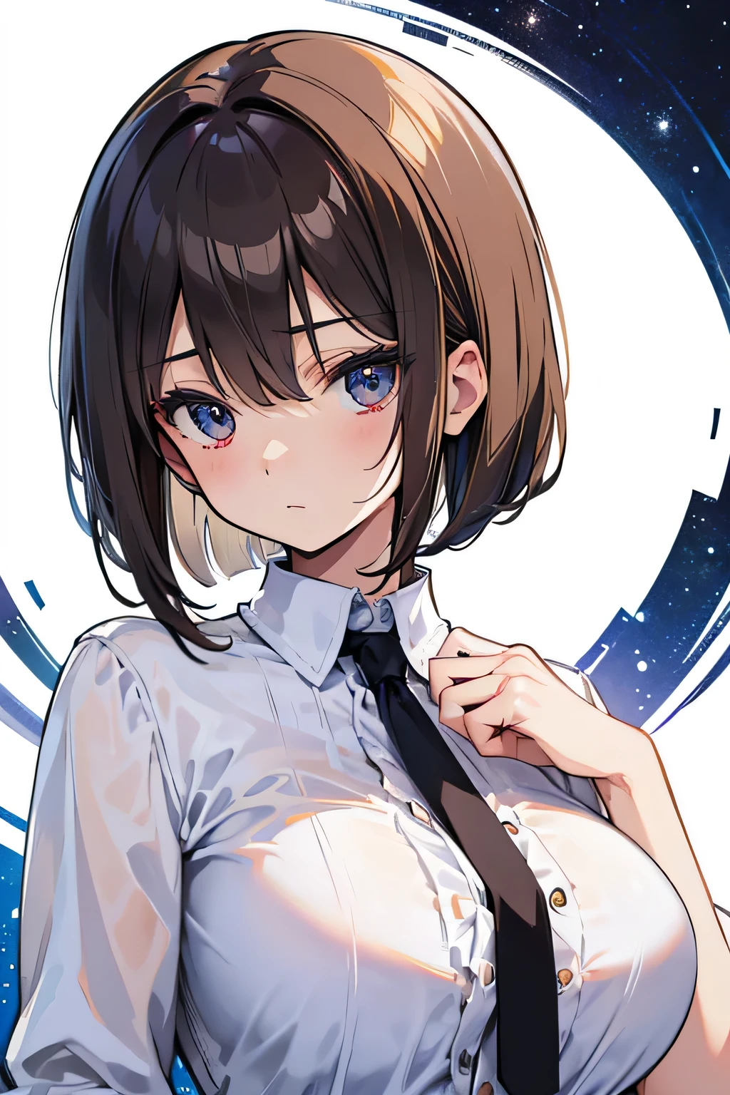 (highest quality), (Super detailed), (Best Illustration), (beautiful girl), (((from before))), (Upper body), (neckline white collar shirt), (shirt lift), (big breasts), brown hair, bob cut, hair between eyes, messy hair, embarrassing, The whole face turns red, blue eyes, ((white background)), white bra,