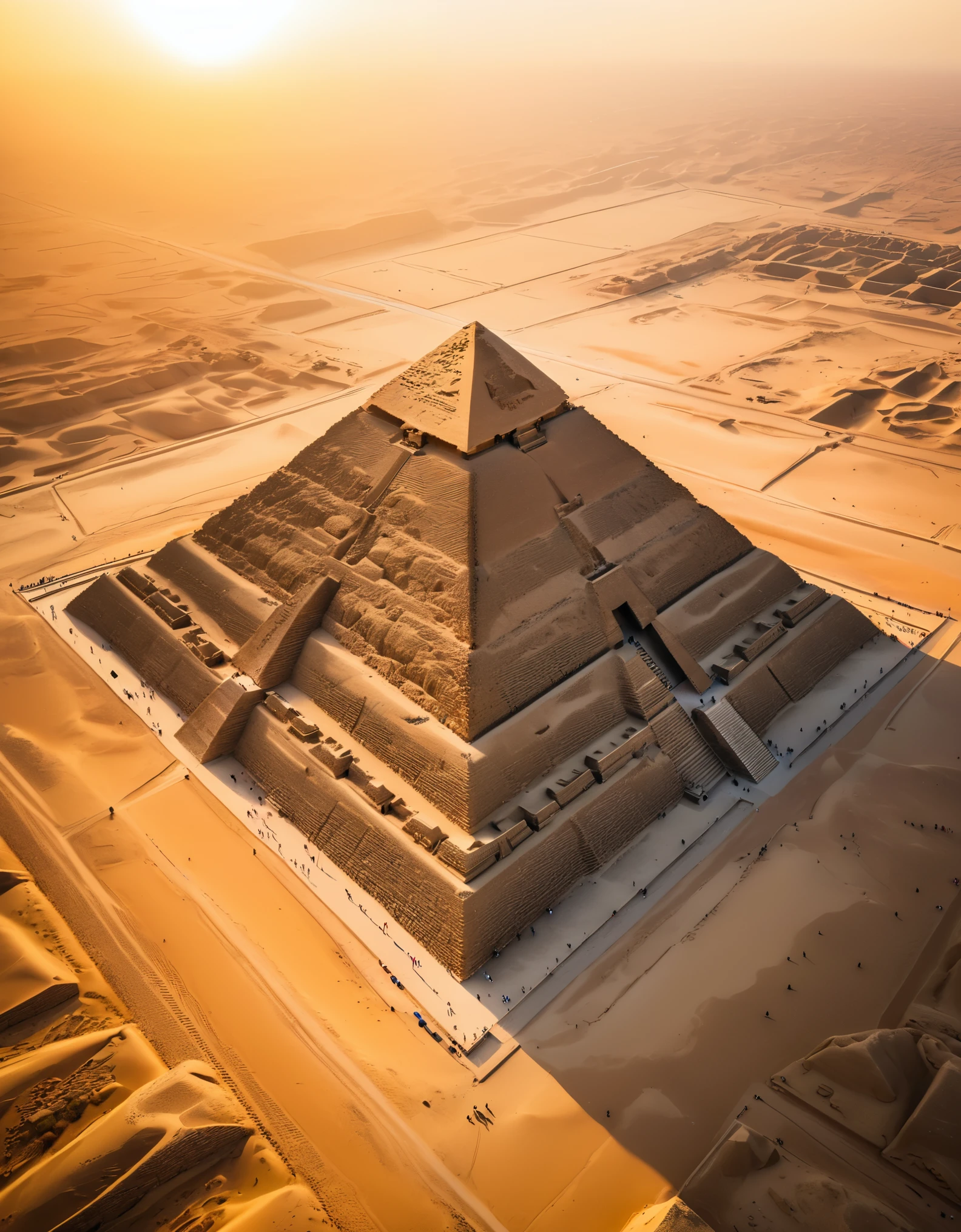 Aerial photography of the Pyramid of Khufu in Egypt at sunset，totally symmetrical，desert