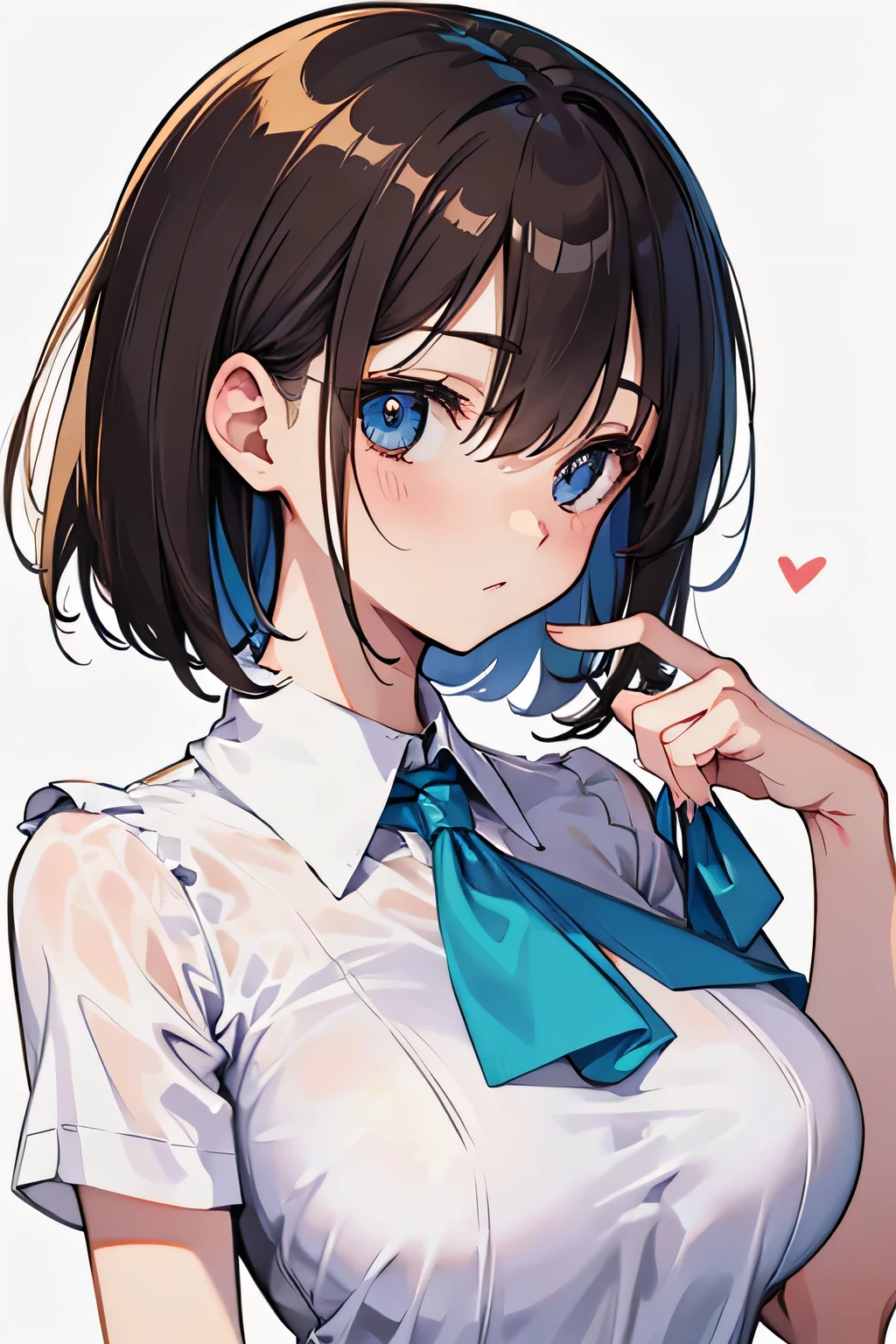 (highest quality), (Super detailed), (Best Illustration), (beautiful girl), (((from before))), (Upper body), (neckline white collar shirt), (shirt lift), (big breasts), brown hair, bob cut, hair between eyes, messy hair, embarrassing, The whole face turns red, blue eyes, ((white background)), white bra,