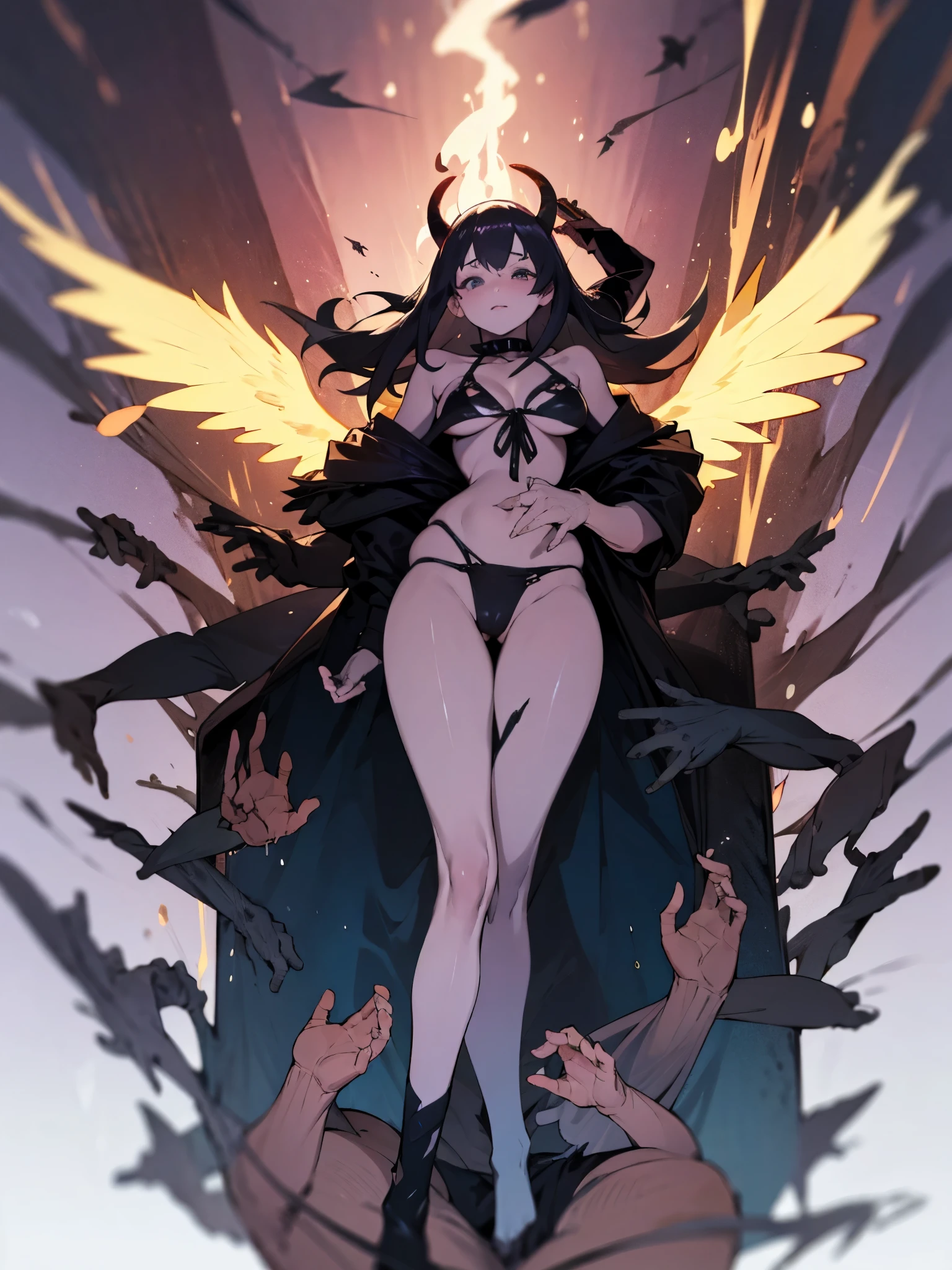 ((best quality,4k,8k,highres,hentai manga)),(1 woman,1 boy),(((Queen of Darkness in a black bikini suit))),Perfect face,(black color hair,long hair,center part hairstyle,Provocative face,Drooping eyes:1.6,Dark purple eyes),(Cold),look at viewer,Purgatorial,(from below),(Black bikini, black horns, Flapping black wings),(huge tit),(((Manga expression))),armpit,(wet body),Solemnly, float in the air, multiple hands worship the queen,The flame on the head