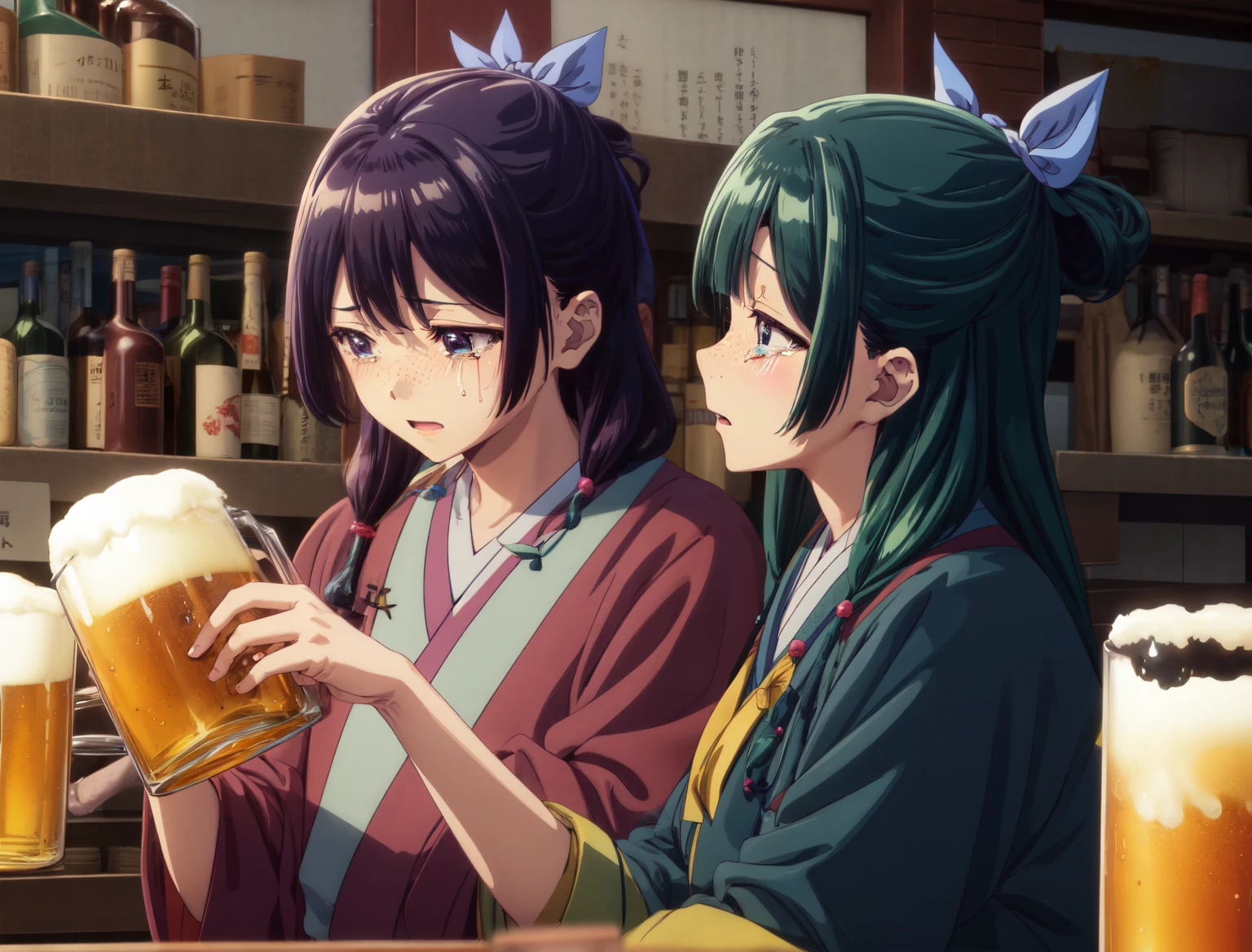 Are thin、green hairstyle,、holding a mug of beer with both hands、A girl is in the picture、blushing、Are crying、A large amount of empty alcohol bottles in the background