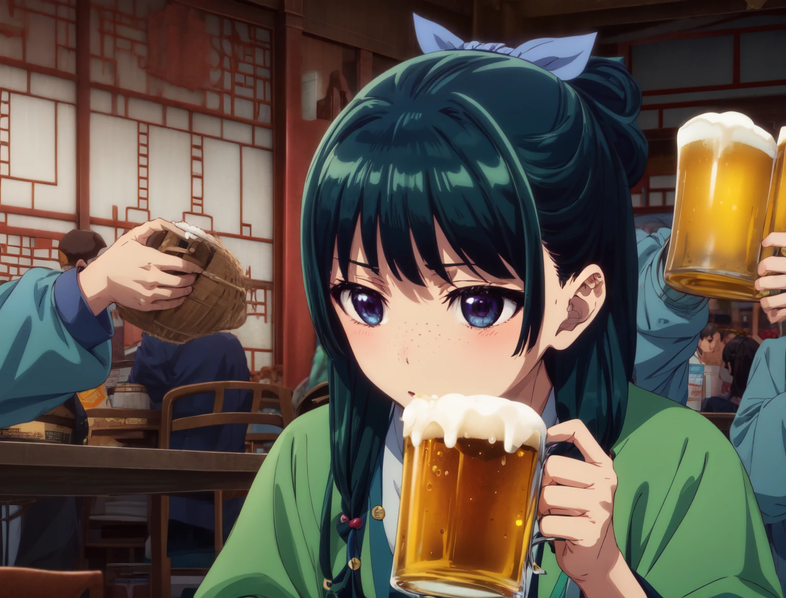Are thin、green hairstyle,、holding a mug of beer with both hands、A girl is in the picture、blushing