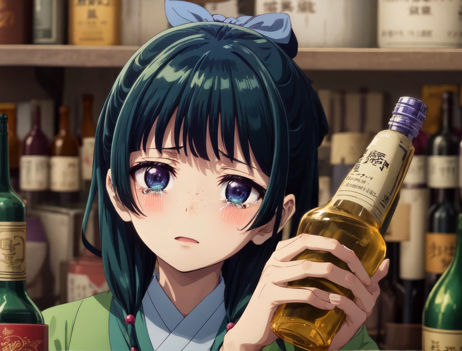 Are thin、green hairstyle,、Have a drink、A girl is in the picture、blushing、Are crying、A large amount of empty alcohol bottles in the background、looking at me