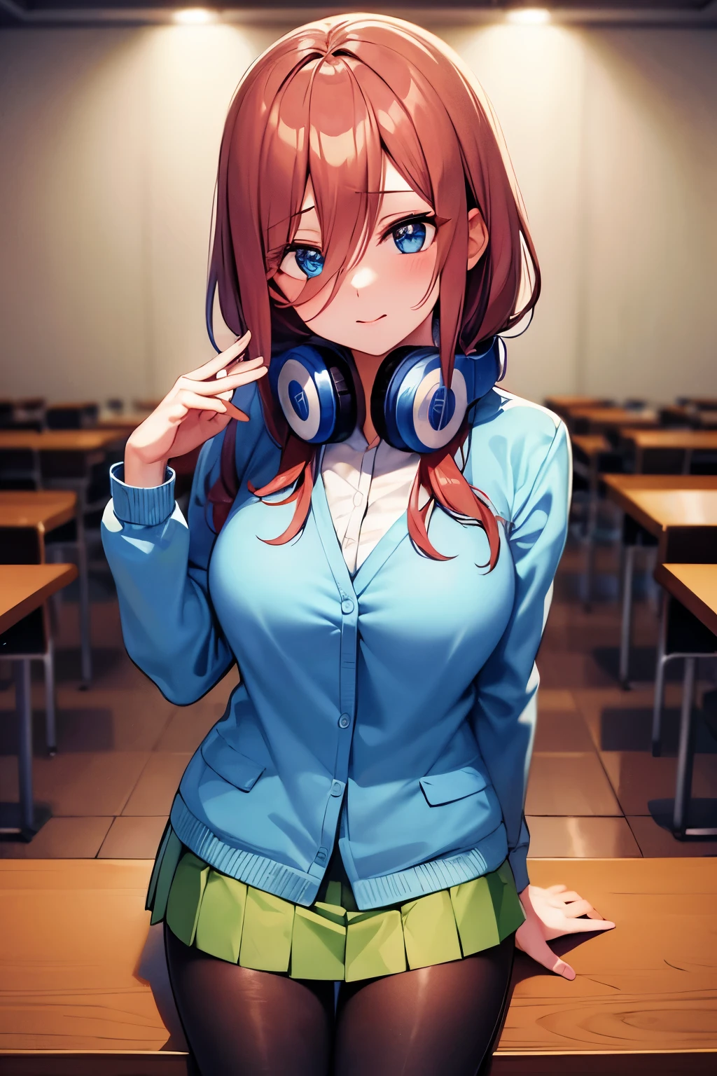 mikunakano, miku nakano, long hair, bangs, blue eyes, brown hair, shirt, hair between eyes, headphones, cardigan, headphones around neck,
BREAK skirt, shirt, long sleeves, white shirt, pantyhose, pleated skirt, black pantyhose, cardigan, green skirt, blue cardigan,
BREAK indoors, classroom,
BREAK looking at viewer, BREAK (masterpiece:1.2), best quality, high resolution, unity 8k wallpaper, (illustration:0.8), (beautiful detailed eyes:1.6), extremely detailed face, perfect lighting, extremely detailed CG, (perfect hands, perfect anatomy),