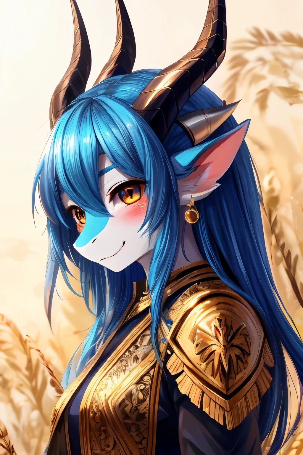 air bobbles, wince, longeyelashes, solid circle eyes, light smile, ear blush, fang, streaked hair, three sided view, 8k, super detail, ccurate, best quality，dragon，woman，Different pupils，Left eye orange pupil，Right eye pupil，long blue hair，dark blue arms，white belly，The tail has golden lines，horn比较长像刀刃，horn，profile