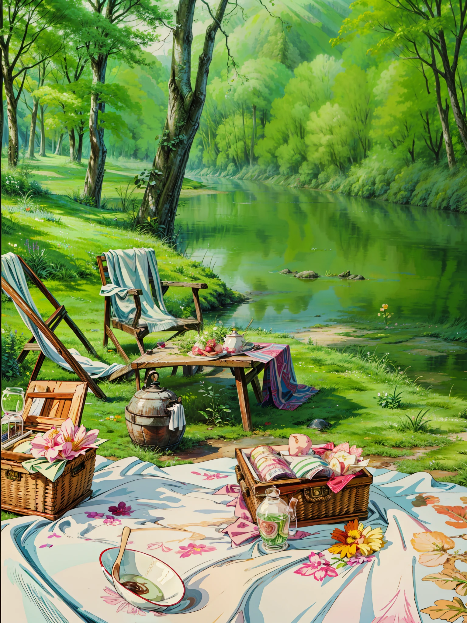a painting of a picnic set up on a blanket next to a river, picnic, people on a picnic, forest picnic, having a picnic, idyll, romantic greenery, idyllic, assam tea garden setting, outdoors setting, bucolic, idyllic and fruitful land, beautiful summer landscape, delightful surroundings, summer afternoon, lush green meadow, perfect spring day with, green spaces, 4k hd,, beautiful art uhd 4 k, a beautiful artwork illustration, beautiful digital painting, highly detailed digital painting, beautiful digital artwork, detailed painting 4 k, very detailed digital painting, rich picturesque colors, gorgeous digital painting