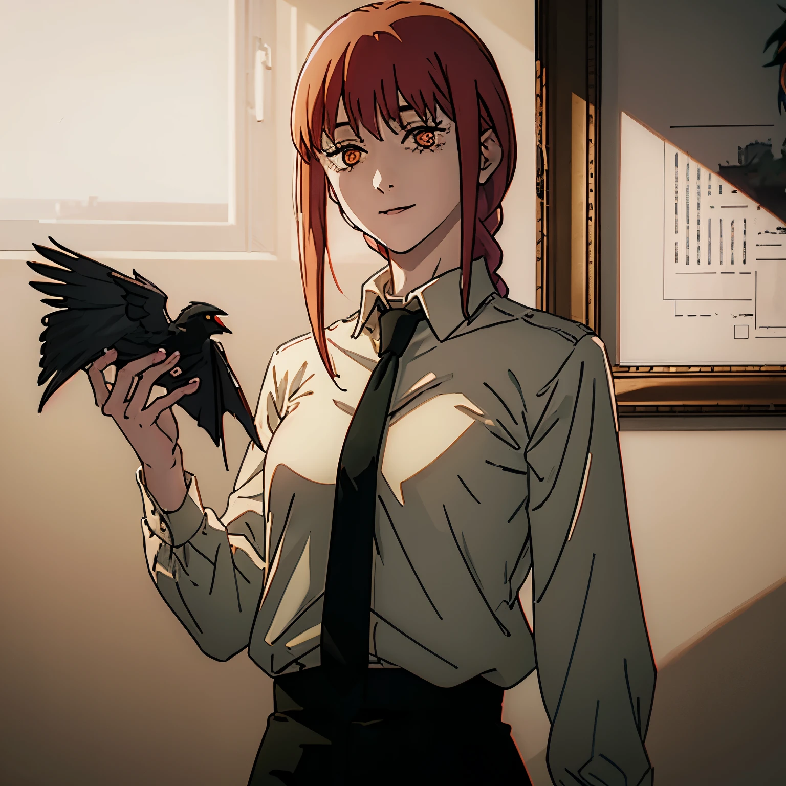 makima (chainsaw man), best quality, ultra-detailed, 1 girl, solo, standing, red hair, long braided hair, golden eyes, bangs, medium breasts, white shirt, black pants, necktie, stare, smile, (evil:1.2), looking at the viewer, (interview:1.3), (dark background, crows:1)