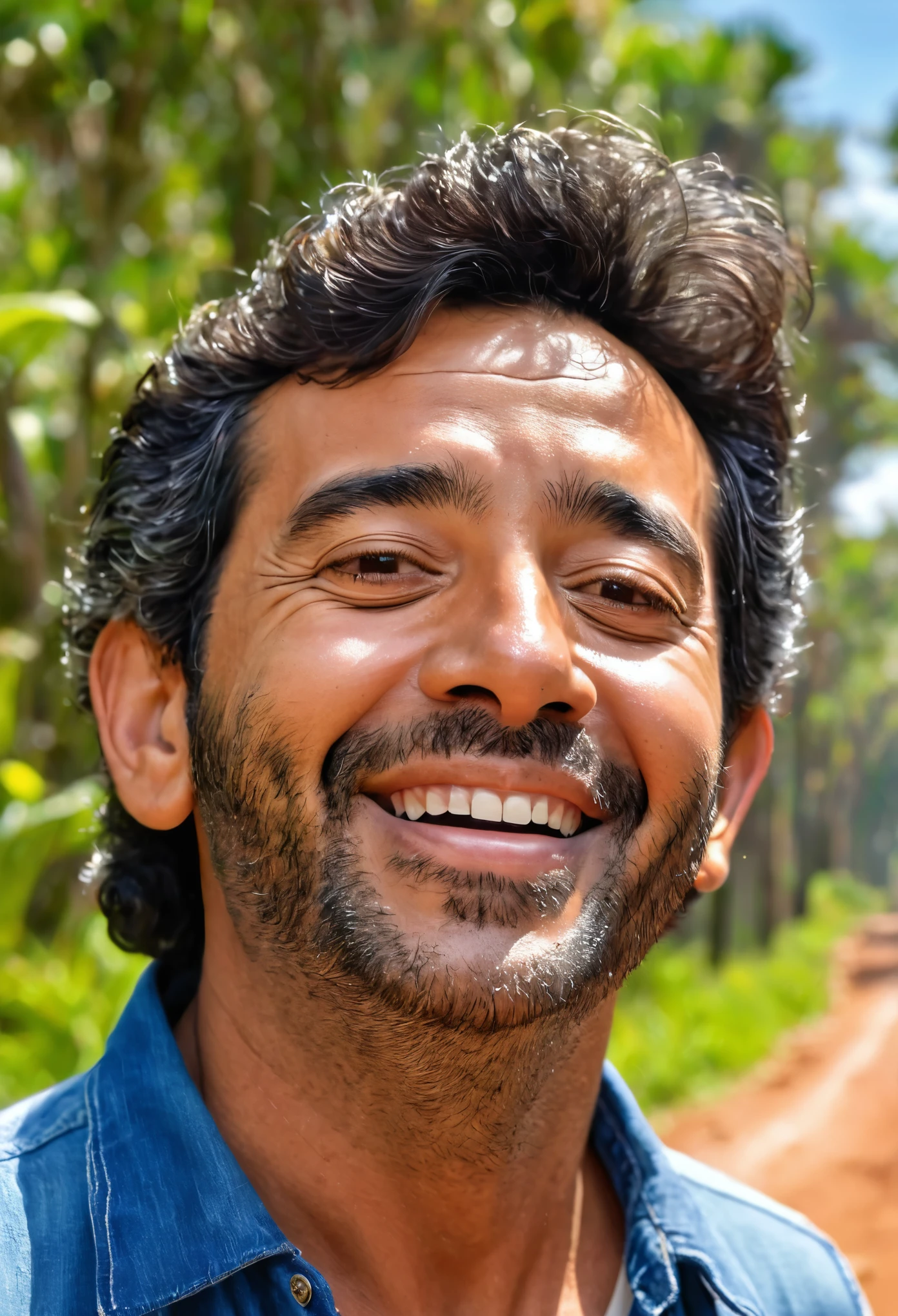 ((melhor qualidade)), ((Obra-prima)), (Detalhado), rosto perfeito rua animada, ensolarado, com um garoto de 30 anos, JAVIER, caminhada despreocupada com fones de ouvido sem fio. His face reflects joy as he sings a song.