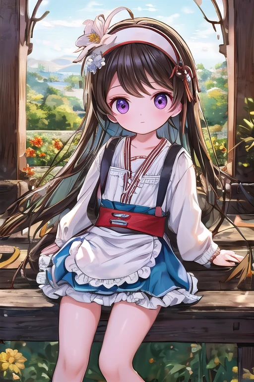 light_brown_hair,multicolored_hair,beautiful_hair,purple_eyes,beautiful_eyes,1_beautiful_girl,cute_face,beautiful_face,beautiful,best_quality,good_anatomy,flower garden,beautiful,best quality,hrs,　light_blue_one_piece,light_blue_skirts,white_apron,white_zettai_ryoiki,white_headband,Alice_costume,beautiful,best_quality, ****, cute****