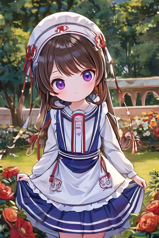 light_brown_hair,multicolored_hair,beautiful_hair,purple_eyes,beautiful_eyes,1_beautiful_girl,cute_face,beautiful_face,beautiful,best_quality,good_anatomy,flower garden,beautiful,best quality,hrs,　light_blue_one_piece,light_blue_skirts,white_apron,white_zettai_ryoiki,white_headband,Alice_costume,beautiful,best_quality, ****, cute****