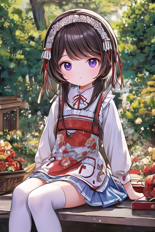 light_brown_hair,multicolored_hair,beautiful_hair,purple_eyes,beautiful_eyes,1_beautiful_girl,cute_face,beautiful_face,beautiful,best_quality,good_anatomy,flower garden,beautiful,best quality,hrs,　light_blue_one_piece,light_blue_skirts,white_apron,white_zettai_ryoiki,white_headband,Alice_costume,beautiful,best_quality, ****, cute****