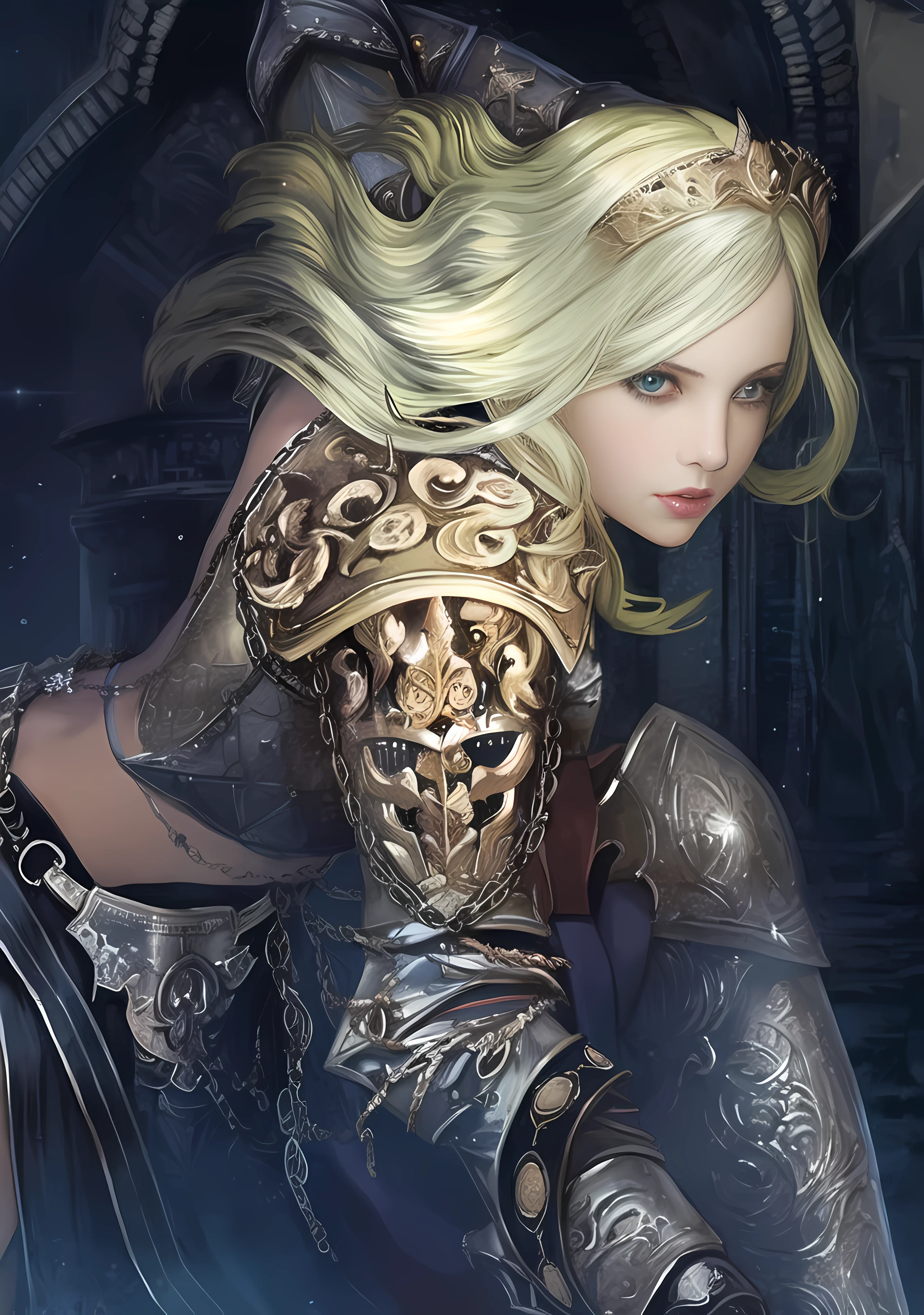 a close up of a woman in armor with a sword, karol bak uhd, yoshitakka amano karol bak, style of karol bak, amano and karol bak, of a beautiful female knight, beautiful female knight, gothic fantasy art, gothic knight, armor girl, detailed fantasy art, highly detailed fantasy art, girl in knight armor