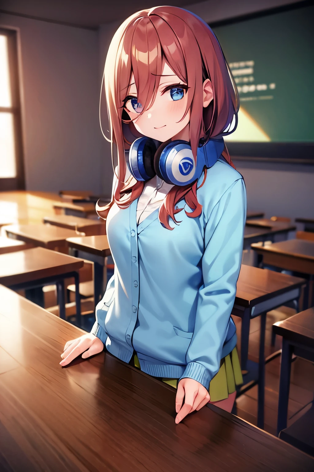mikunakano, miku nakano, long hair, bangs, blue eyes, brown hair, shirt, hair between eyes, headphones, cardigan, headphones around neck,
BREAK skirt, shirt, long sleeves, white shirt, pantyhose, pleated skirt, black pantyhose, cardigan, green skirt, blue cardigan,
BREAK indoors, classroom,
BREAK looking at viewer, BREAK (masterpiece:1.2), best quality, high resolution, unity 8k wallpaper, (illustration:0.8), (beautiful detailed eyes:1.6), extremely detailed face, perfect lighting, extremely detailed CG, (perfect hands, perfect anatomy),