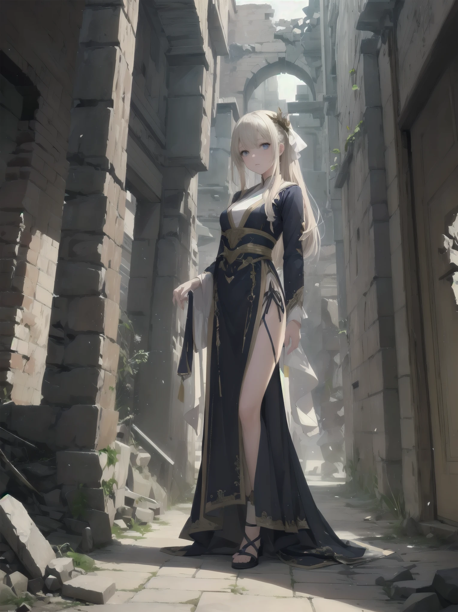 One girl、Standing against the backdrop of the majestic ruins of an ancient ruin。her costume is、A design that is neat yet gives you a sense of ancient mystery.、The realistic feel and texture of the material stands out.。her face is perfectly drawn、Capture the hearts of viewers with your clever gestures。The surrounding area is illuminated with artistic shading effects.、It makes her presence even more prominent.。This scene is、Combines cinematic dynamism and storytelling、A high-quality, super-detailed illustration that brings out the charm of the main heroine.
