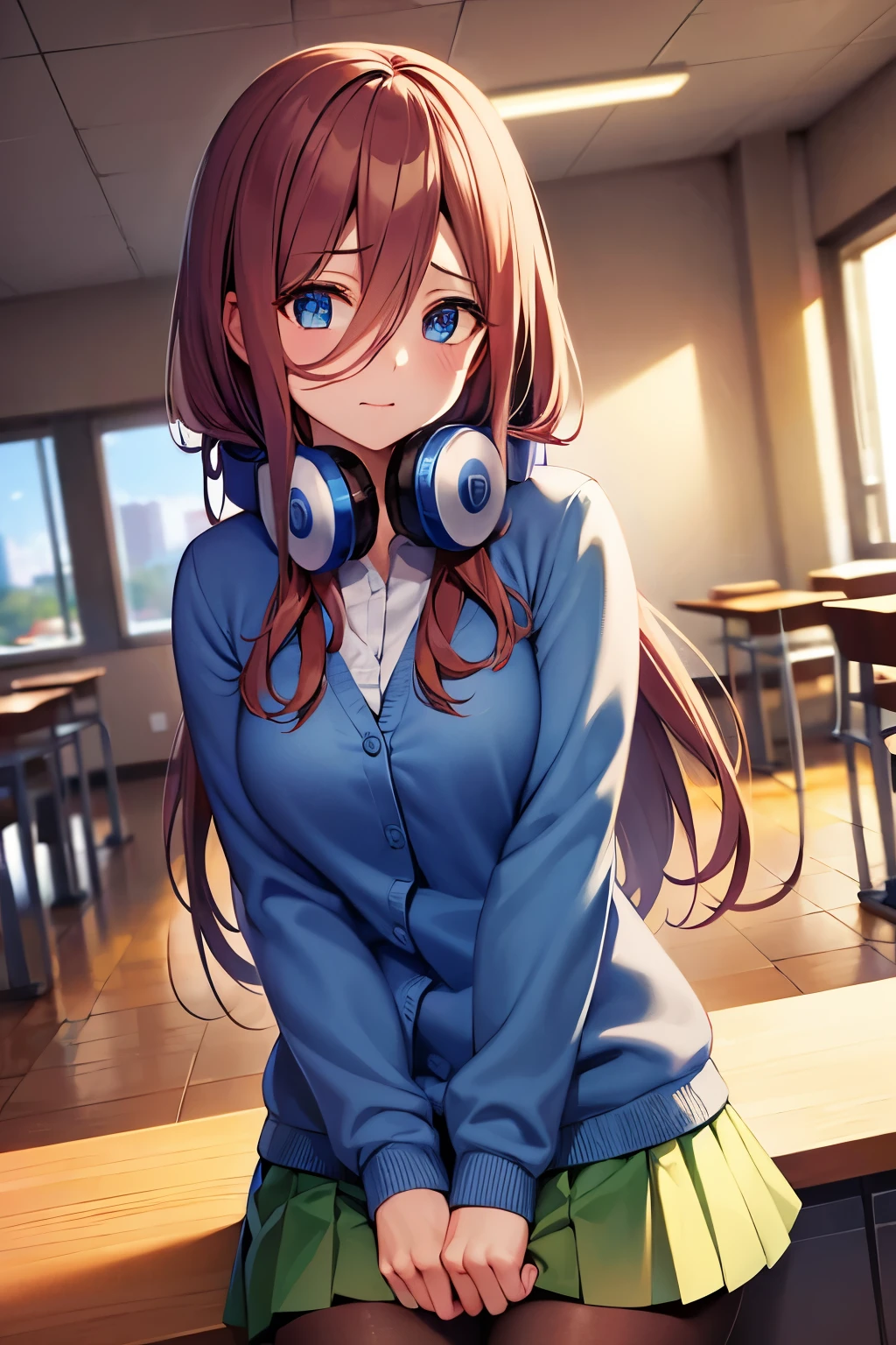 mikunakano, miku nakano, long hair, bangs, blue eyes, brown hair, shirt, hair between eyes, headphones, cardigan, headphones around neck,
BREAK skirt, shirt, long sleeves, white shirt, pantyhose, pleated skirt, black pantyhose, cardigan, green skirt, blue cardigan,
BREAK indoors, classroom,
BREAK looking at viewer, BREAK (masterpiece:1.2), best quality, high resolution, unity 8k wallpaper, (illustration:0.8), (beautiful detailed eyes:1.6), extremely detailed face, perfect lighting, extremely detailed CG, (perfect hands, perfect anatomy),