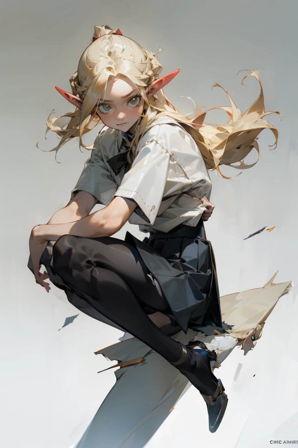 (masterpiece, best quality) detailed, Wearing black tights, silver accessories , blonde ,elegant, pointed ears ,white shirt,torn clothes,pistol,pleated skirt