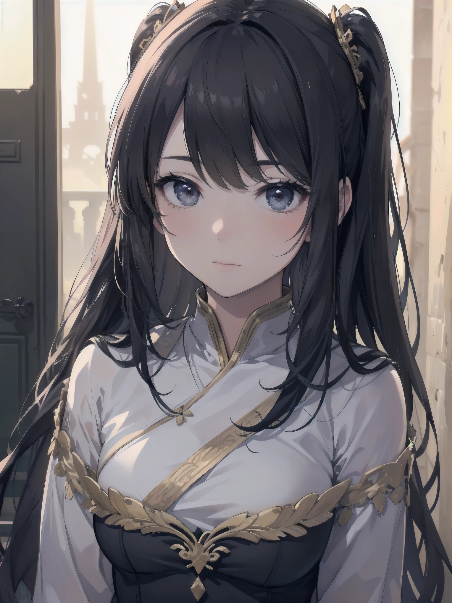 light particles, soft lighting, volumetric lighting, details Intricate, finely detailed, background lighting,
1girl, 独奏, standing, upperbody, crossed arms,
Bblack hair, long hair, high ponytail, hair entries, side strands, white bow blue eyes, gazing at viewer, tsurime, half-closed eyes,
light blue dress, bared shoulders, bare arms, mitts,
black backdrop, simple background,
<lora:Add detail