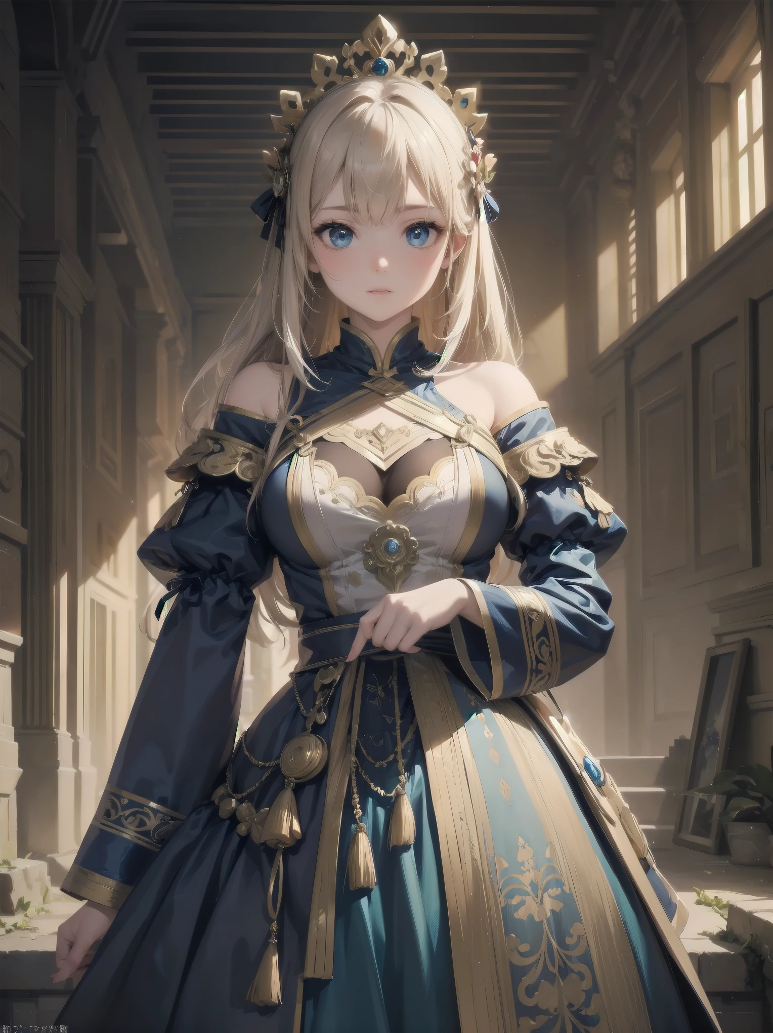 Inside unimaginable ancient ruins、In a corner where a mysterious light shines in、A neat and beautiful girl is standing。her perfect face、It is further highlighted by the artistic shading effect.。Her costume is drawn with realistic materials and textures.、in harmony with ancient ornaments、Carefully expressed down to the smallest detail。The girl is、He is staring at me with a sly gesture.、That moment is as dynamic as a scene from a movie.。This illustration、The design brings out the cuteness of the main heroine to the fullest.、High quality and extremely detailed。