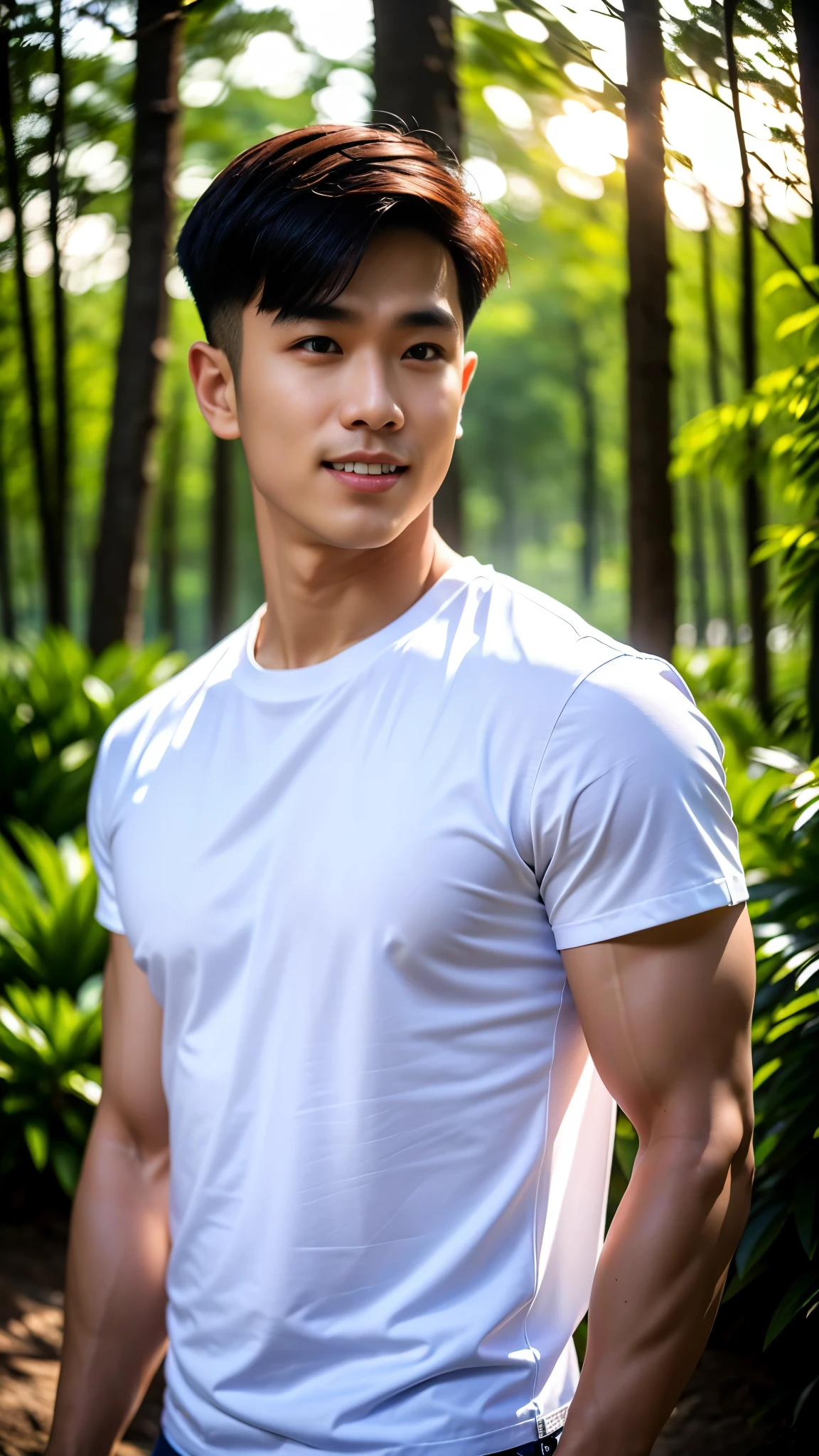 Masterpiece, best quality, High quality, วอลล์เปเปอร์ CG unity 8k ที่มีvery detailed, depth of field, HDR,,ภาพrealistic,very detailed, 1 man smiling, Asia, black short hair, (Wear a white t-shirt, Short sleeve blue denim jacket), chest muscles, Big arm muscles, blood vessel, big muscles, Broad shoulders, looking at the audience, Balancing the eyes, professional photography, advertising shoot, face looking at camera, Portrait from the side, realistic, with the sunset atmosphere, Walking into the dark forest with a camera