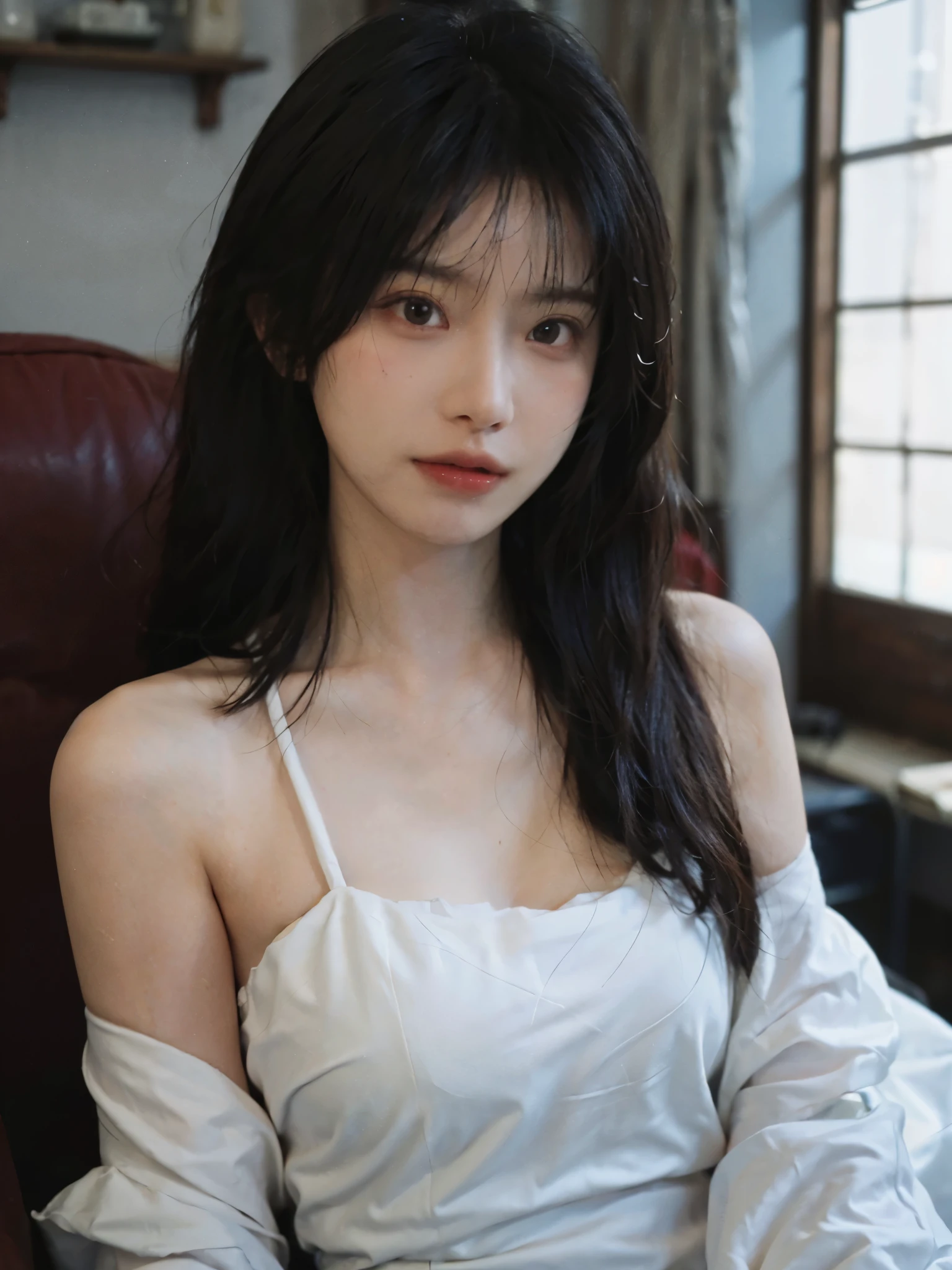 Film portrait photography, 1 girl, bare shoulders, Shoulder length wavy hair, white wedding dress, (Realistic and detailed eyes, natural skin texture, Realistic facial details), Soft dramatic lighting, depth of field, Bokeh, Vibrant details, Detailed and detailed, surreal, 35mm film, hazy, ,