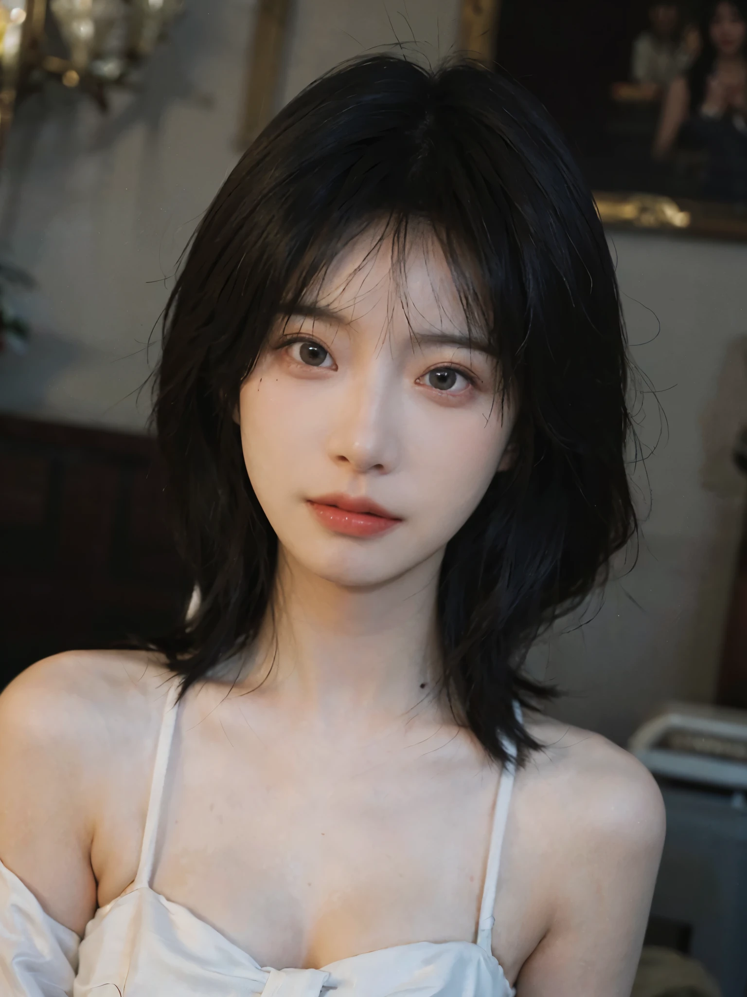 Film portrait photography, 1 girl, bare shoulders, Shoulder length wavy hair, white wedding dress, (Realistic and detailed eyes, natural skin texture, Realistic facial details), Soft dramatic lighting, depth of field, Bokeh, Vibrant details, Detailed and detailed, surreal, 35mm film, hazy, ,