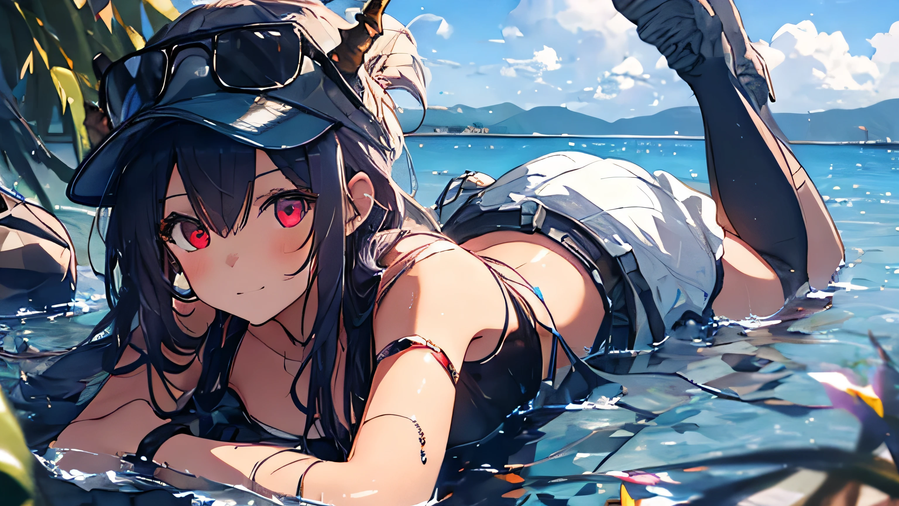 (best quality, masterpiece, extremely detailed, 8k wallpaper, colorful illustration:1.2), (wide Angle lens), looking at viewer, 1girl, extremely detailed expression, beautiful face, red eyes, dark blue gradient short hair, wavy hair, curly hair, horns, cap, slightly smile, extremely detailed eyes, (lying down:1.5), wading, cloud, wet, (shallow water:1.3), coast, (blue sky), cloud, strong sunlight, 