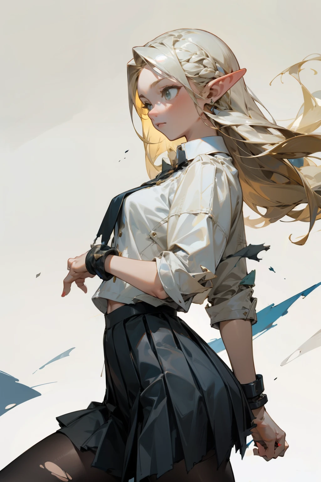 (masterpiece, best quality) detailed, Wearing black tights, silver accessories , blonde ,elegant, pointed ears ,white shirt,torn clothes,pleated skirt