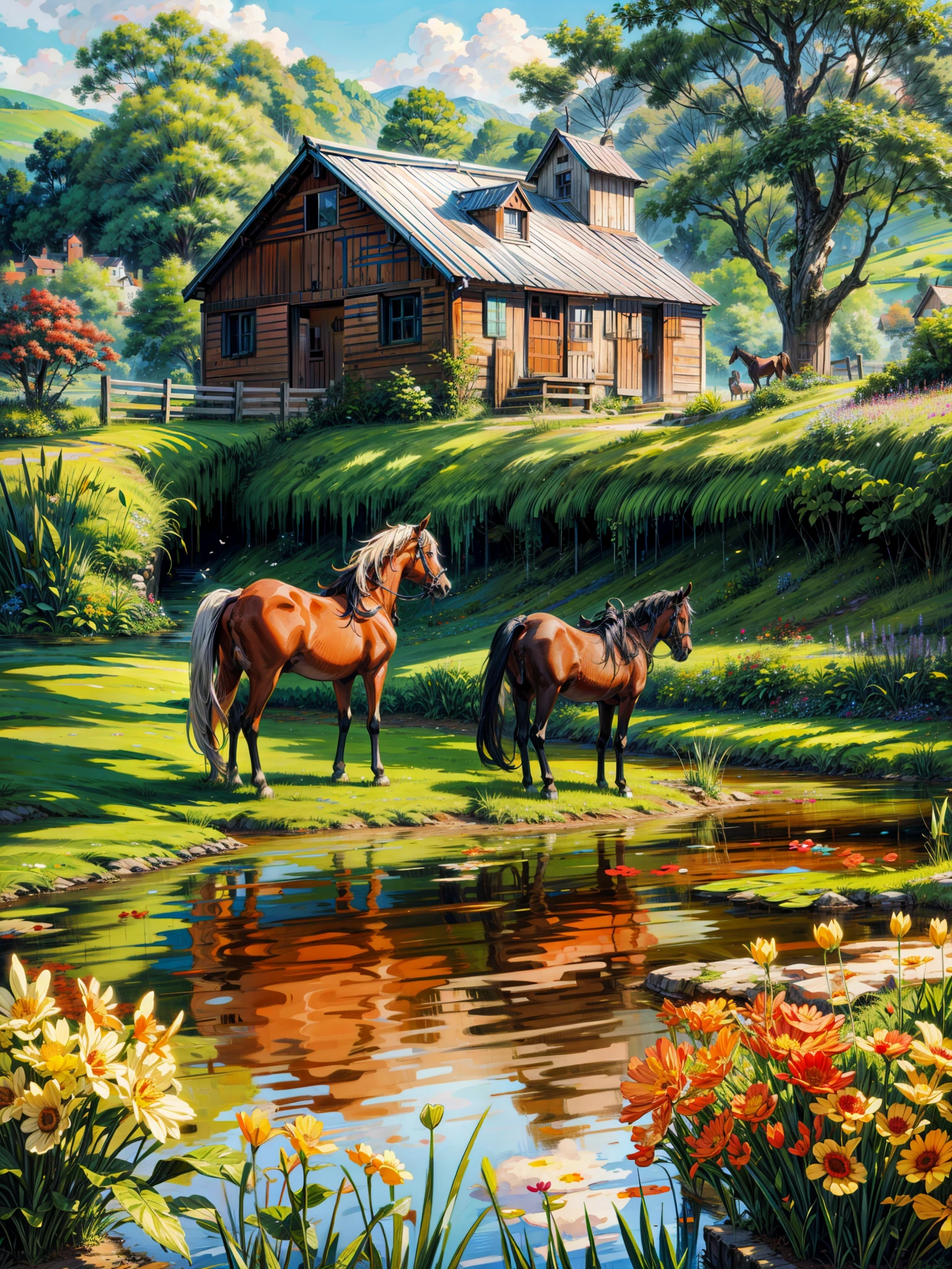 painting of a beautiful farm,with lots of flowers,lush greenery,a pond, water reflection, ((beautiful horses,2horses)) roaming around,sunkissed image,flowers, beautiful art uhd 4 k, a beautiful artwork illustration, beautiful digital painting, highly detailed digital painting, beautiful digital artwork, a bustling magical town,farmer village, countryside Mediterranean village, detailed painting 4 k, ,windmill, village, very detailed digital painting, rich picturesque colors, gorgeous digital painting