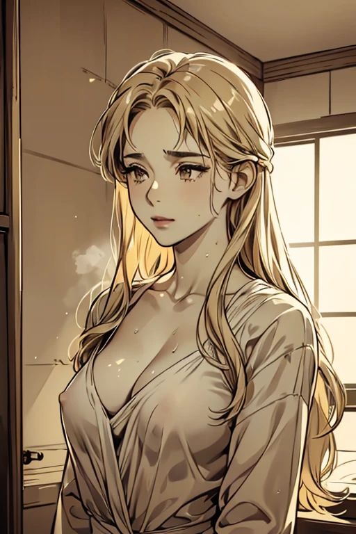 ((monochrome))、((line drawing))、highest quality、((NSFW))、A naked image of myself in the mirror、Immediately after taking a bath、messy long golden hair、40-year-old mature woman、sweaty forehead and neck、Wet whole body dripping with hot water、The expression of a wet woman taking a deep breath、long golden blonde hair、adult red lips、The nape of the neck is exposed、