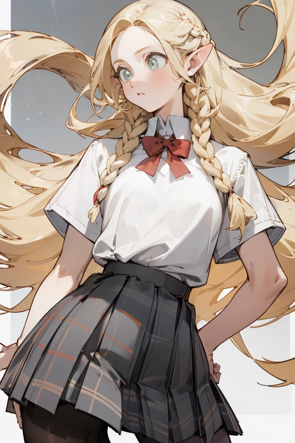 pantyhose, pop color,(whole body,blonde)long blonde hair, bust and waist,white top,High heel,whole body,pleated skirt,Plaid skirt