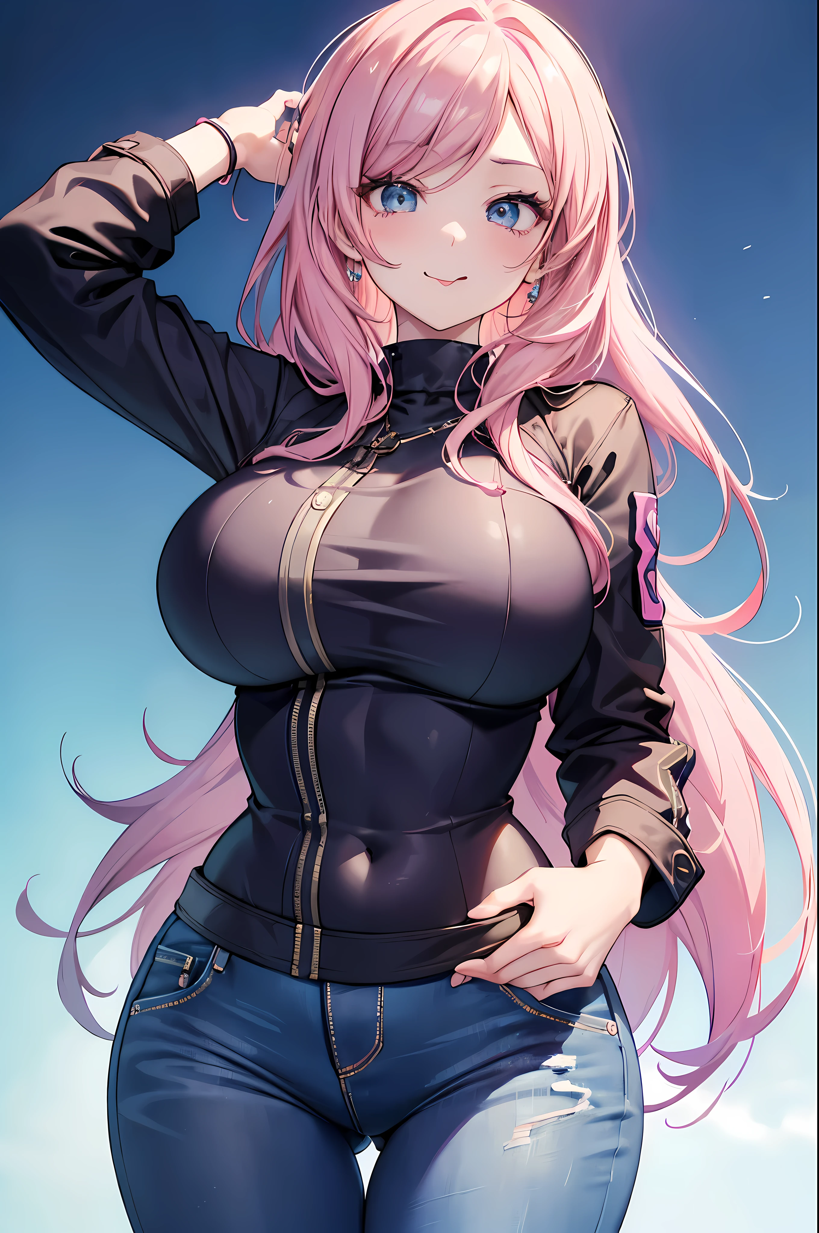 ((best quality)), ((masterpiece)), (busty), animation style, best quality ,alone , (milf), (big bust , wide hips:1.3),portrait, very detailed, pretty face, complete anatomy, pink hair, Perfect hair, forehead,  stick out tongue, stick out tongue, (😝), shirt, jacket, jeans, weapon, Try it yourself ,  big thighs, possession, blue background, fortnite,