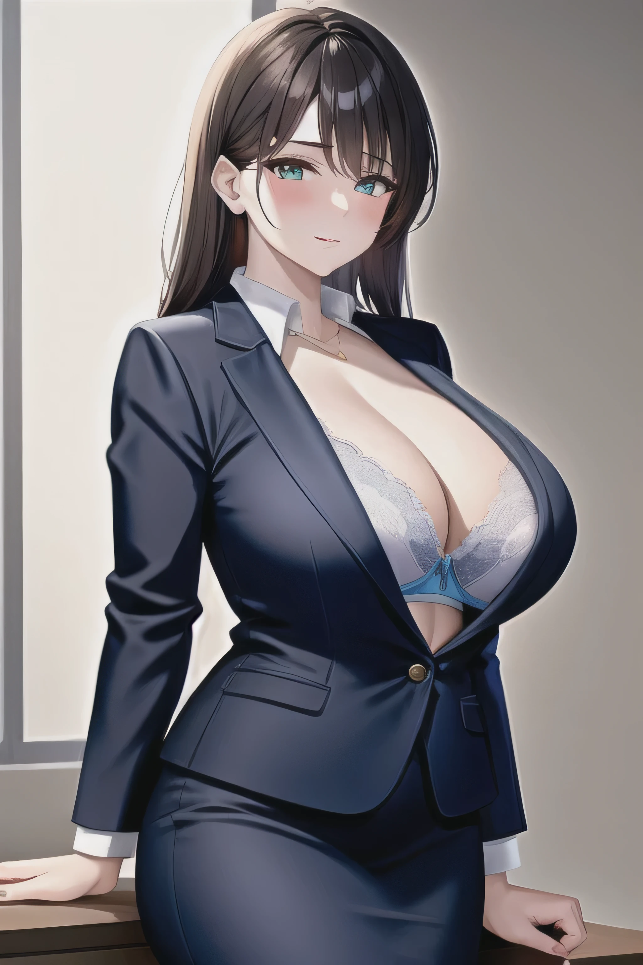 (masterpiece, best quality, detailed), 1girl, office lady, skirt, big breasts, bra