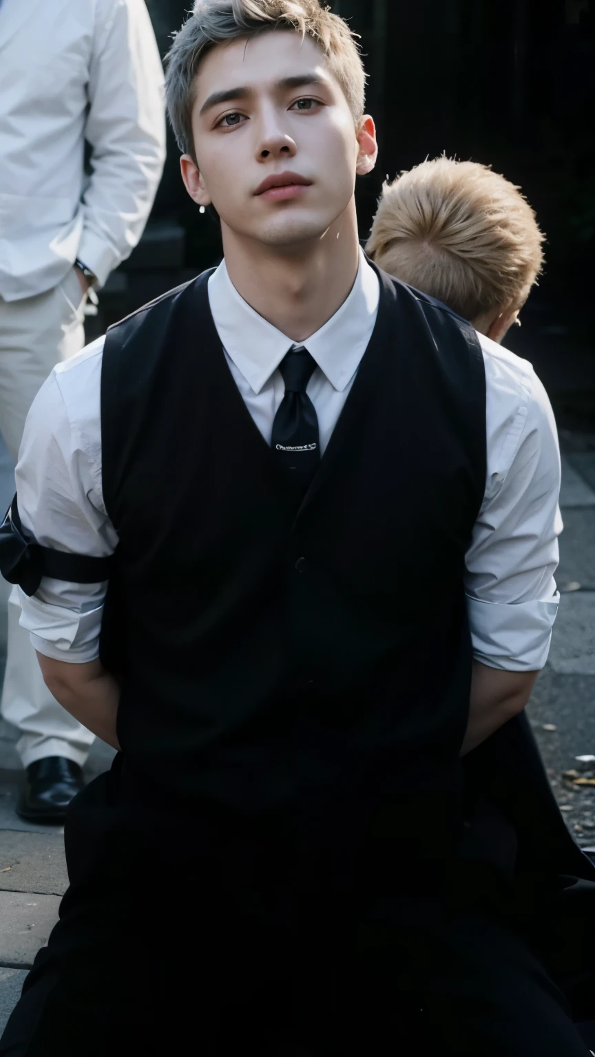 sharp man in black vest and tie sitting on the sidewalk, vestindo um colete e uma gravata, he is wearing a suit, de uniforme preto, Uniforme JK, sem camisa por baixo do colete, ele parece muito sofisticado, taken at the beginning of 2020, terno branco e gravata preta, Cai Xukun, bem vestida, em seu terno