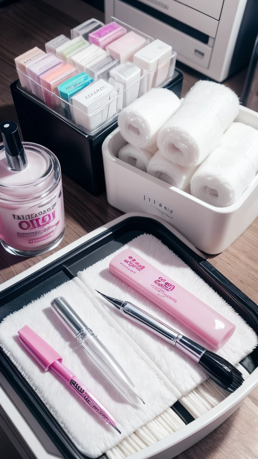 A meticulously organized Nail Designer's desk, captured in high resolution by a professional digital camera with a macro lens, showcasing a vibrant palette of nail polishes, delicate brushes, sparkling glitter, soft cotton, silicone toe separators, a modern UV/LED lamp, acetone-free nail polish remover, cuticle oil, nail files, and cotton pads with nail polish remover, under soft, uniform natural light.