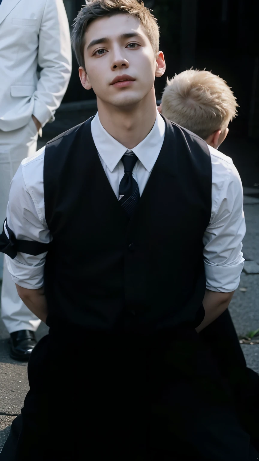 sharp man in black vest and tie sitting on the sidewalk, vestindo um colete e uma gravata, he is wearing a suit, de uniforme preto, Uniforme JK, sem camisa por baixo do colete, ele parece muito sofisticado, taken at the beginning of 2020, terno branco e gravata preta, Cai Xukun, bem vestida, em seu terno