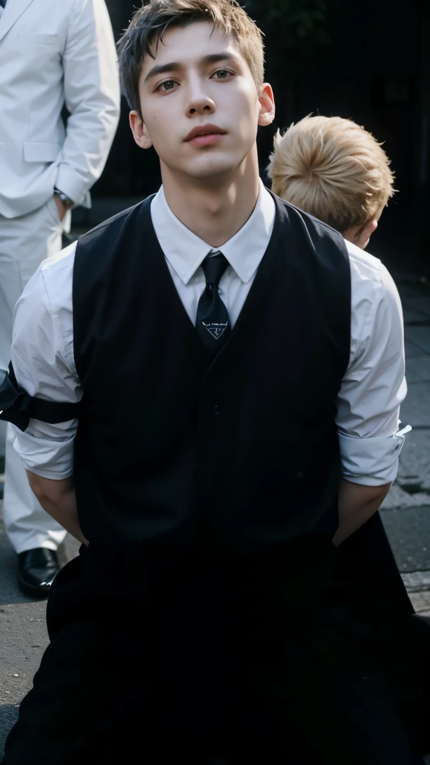 sharp man in black vest and tie sitting on the sidewalk, vestindo um colete e uma gravata, he is wearing a suit, de uniforme preto, Uniforme JK, sem camisa por baixo do colete, ele parece muito sofisticado, taken at the beginning of 2020, terno branco e gravata preta, Cai Xukun, bem vestida, em seu terno